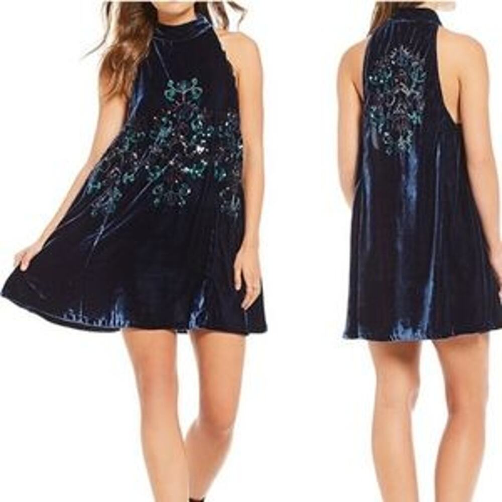 Free People Velvet Sequin Swing Dress‎ Blue XS NEW High Neck Jill's Navy Blue